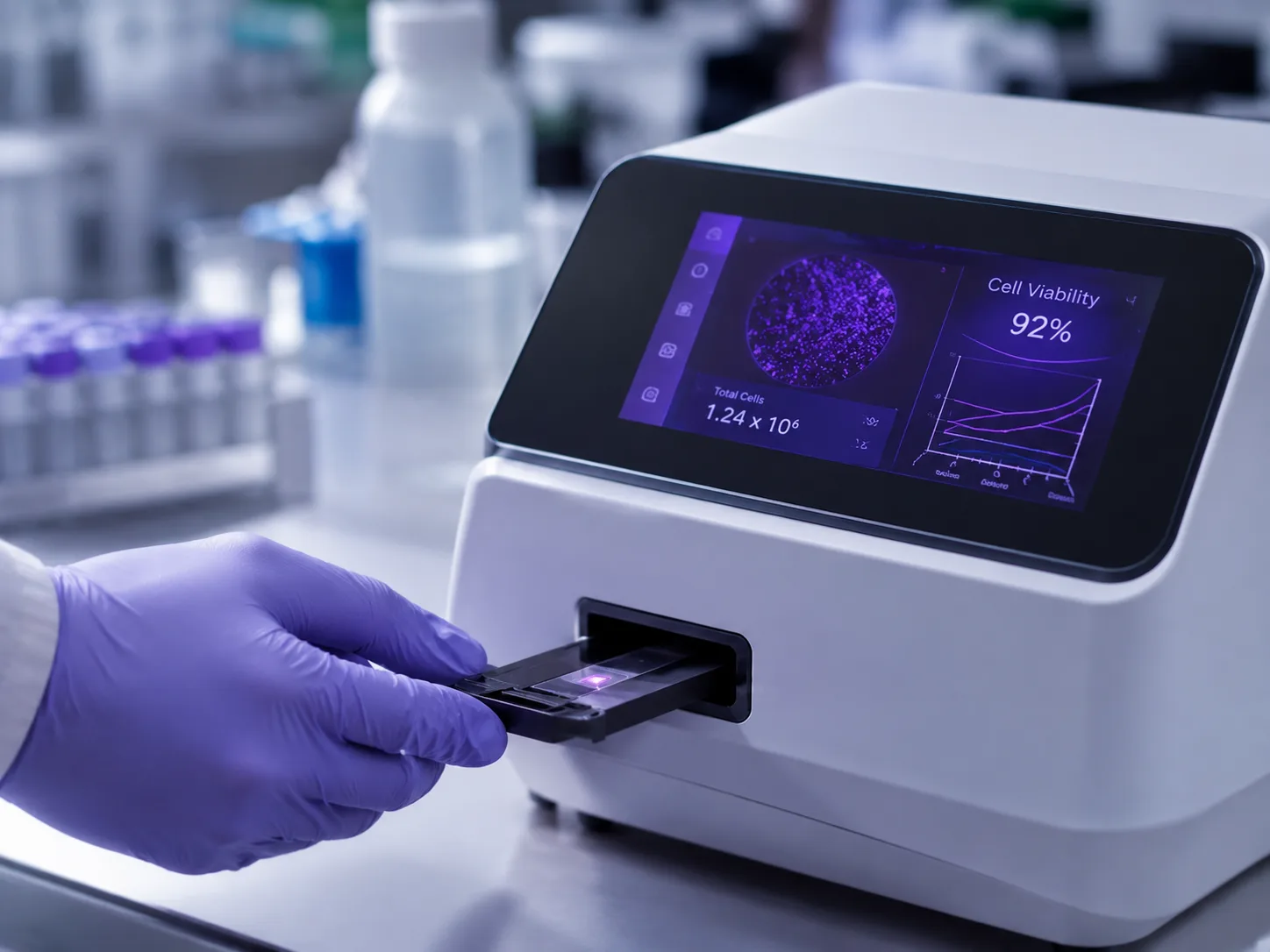 Gloved hand inserting a sample into a cell counter; the screen shows the count and viability.