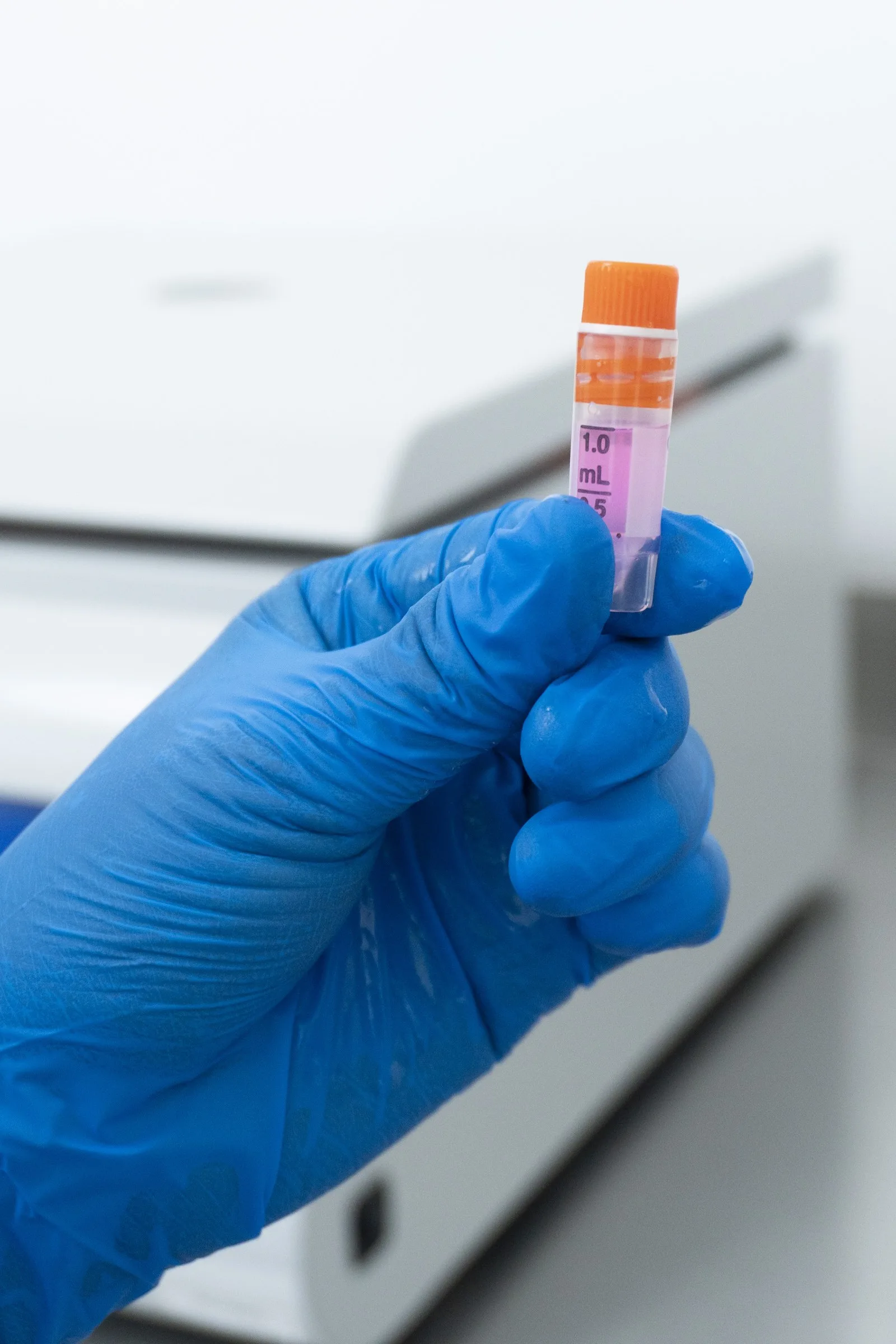 Gloved hand holding a vial containing a cell sample.